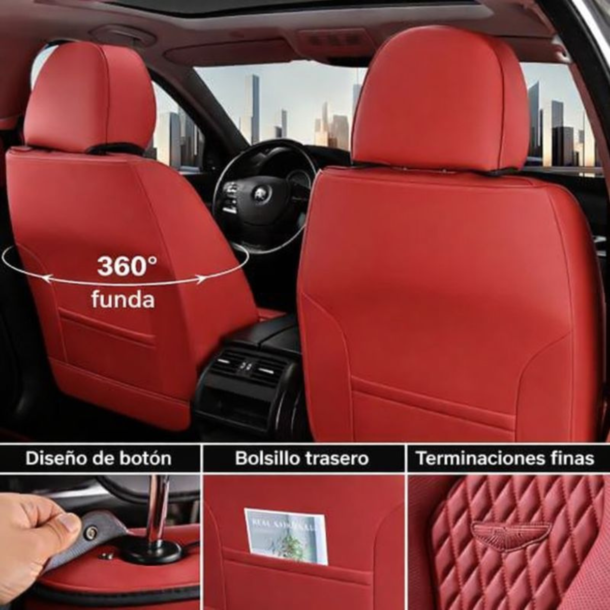 Funda para Auto Bulka Universal en Cuero Legítimo con Airbag Integrado + REGALO: Alfombras y Funda para Volante